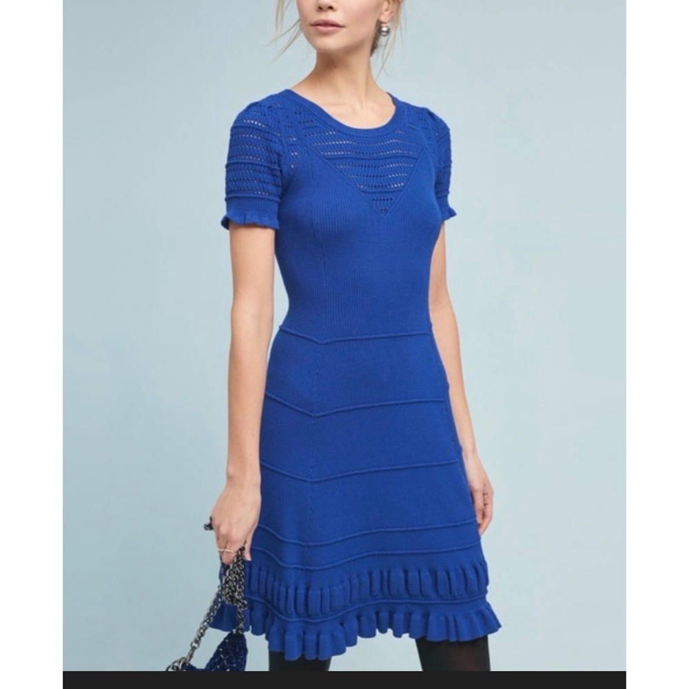 Maeve Anthropologie Promenade Knit Dress Blue Fit Flare‎ Ruffle Hem Medium